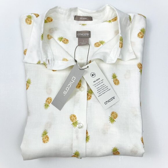 Chico’s No-Iron Linen Pineapple Print Shirt - NEW - Picture 6 of 7